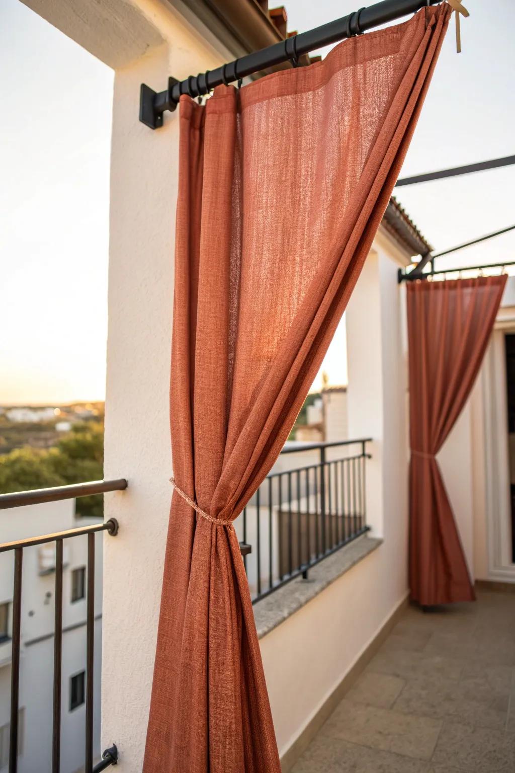 A tension-rod canopy turns a tiny balcony into a cozy, room-like outdoor retreat—no drilling.