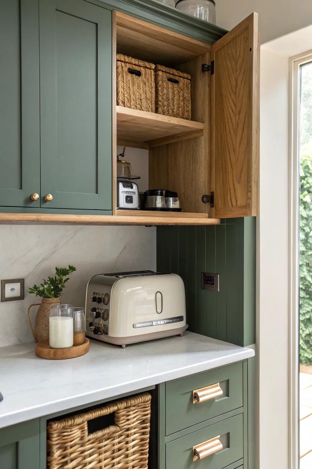 A calm open appliance garage: one neutral toaster on oak shelving against bold sage for contrast.