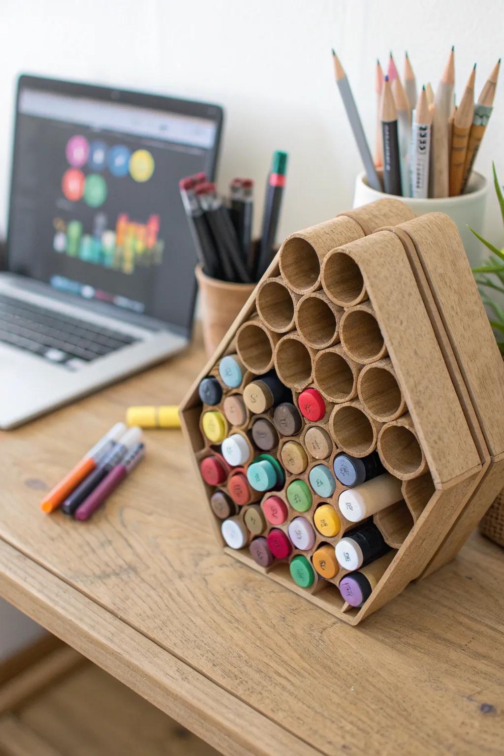 DIY honeycomb tube holder keeps markers tidy, horizontal, and perfectly color-sorted.
