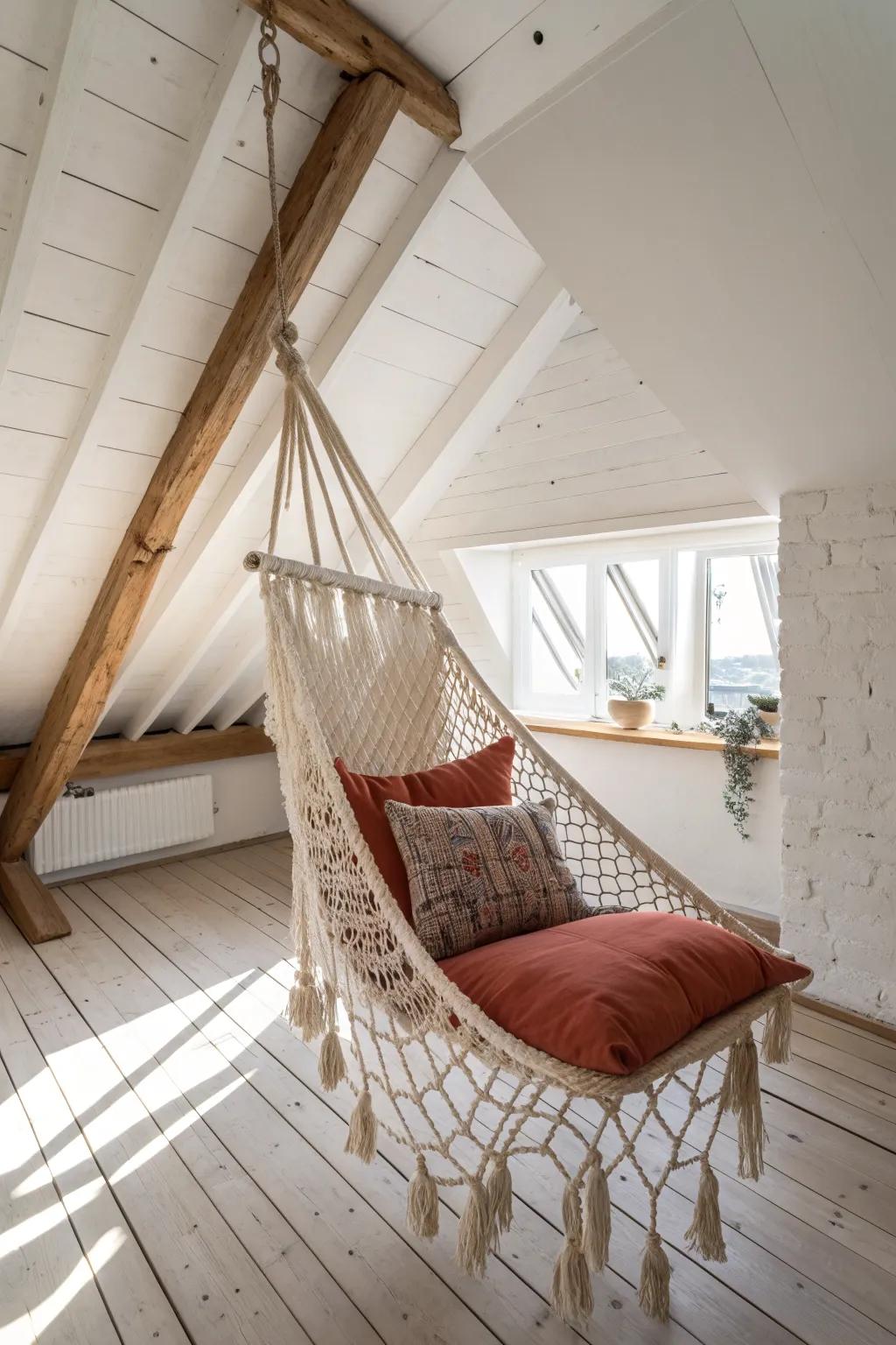 Turn attic height into a floating lounge—hammock net under the rafters for instant wow.