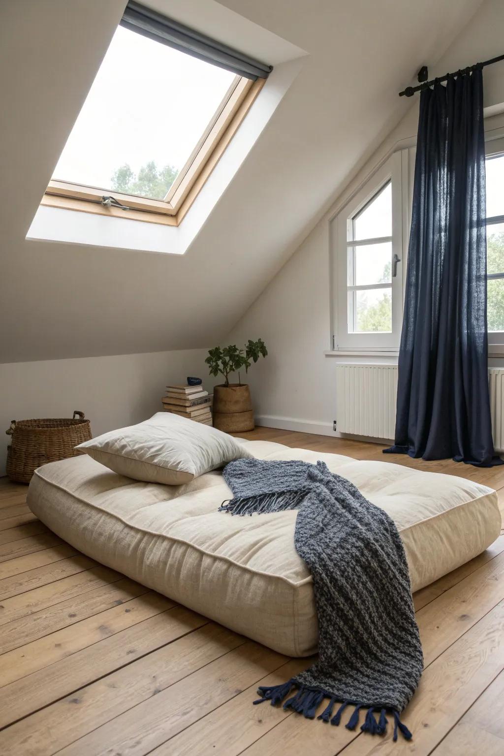 A cozy skylight lounge cushion with blackout curtains—perfect for late-night attic stargazing.