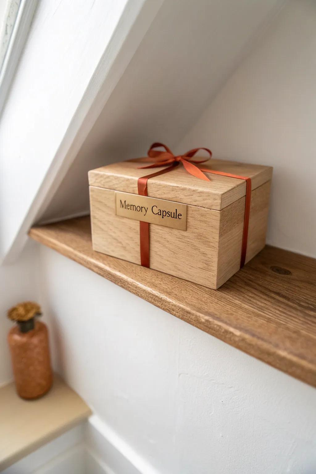 A secret eaves “memory capsule” shelf—one beautiful box for letters, keepsakes, and someday plans.