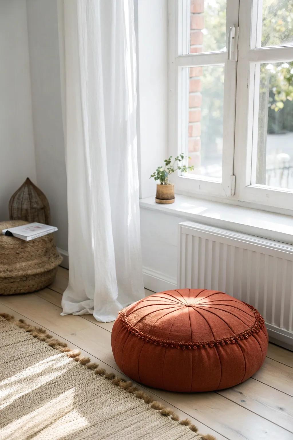 Turn that awkward window corner into calm with a bold linen floor cushion + tray essentials.