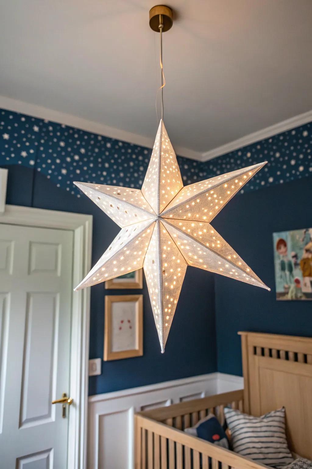 A starry accent ceiling + glowing pendant makes a tiny baby boy nursery feel taller and dreamy.