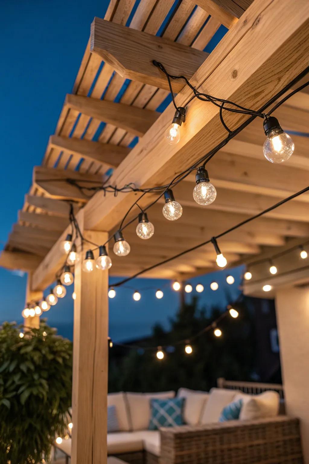 A tiny balcony pergola with glowing string lights—your cover that makes evenings magical.
