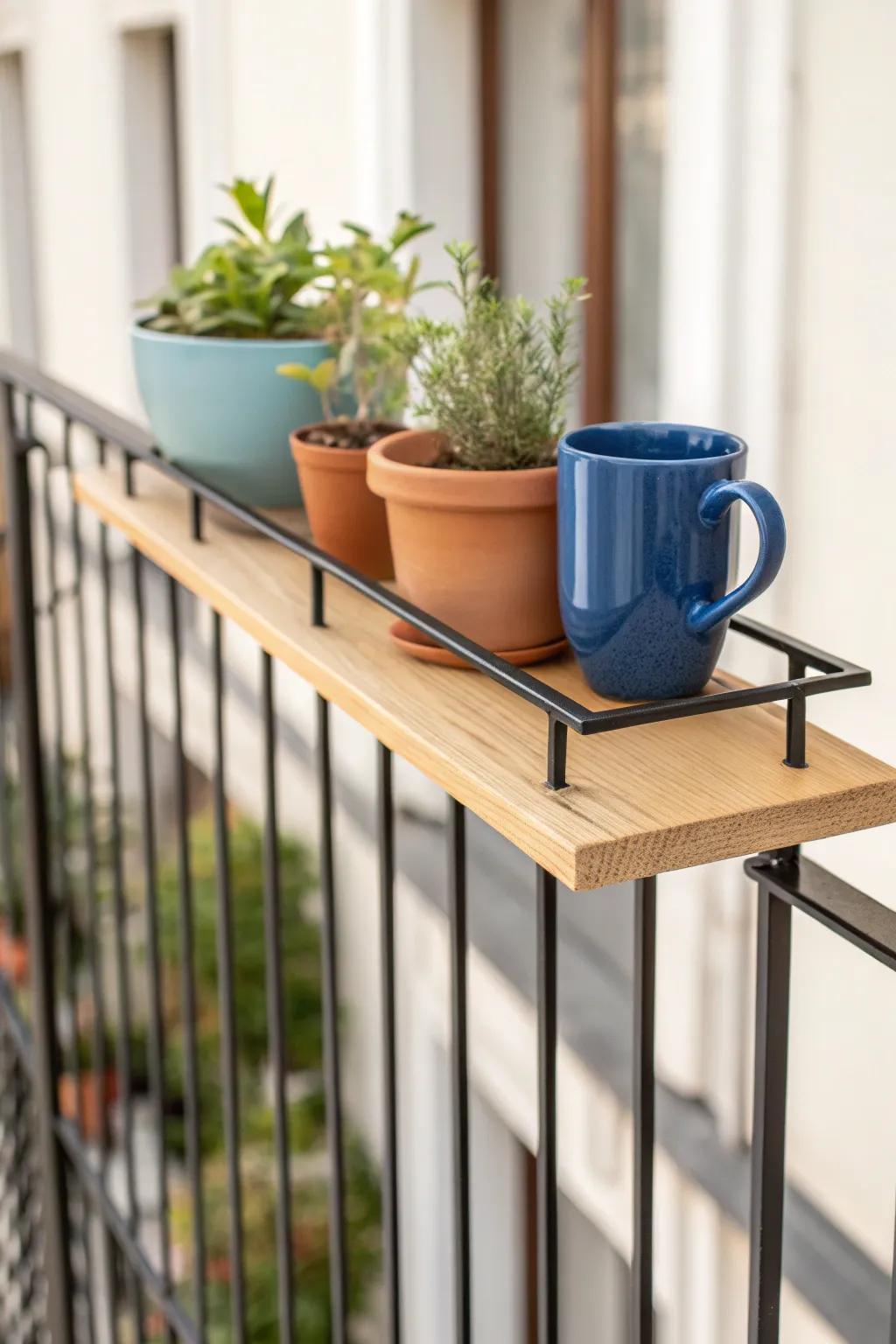 A rail-mounted shelf turns a tiny balcony fence into a chic mini bar—no floor space needed.