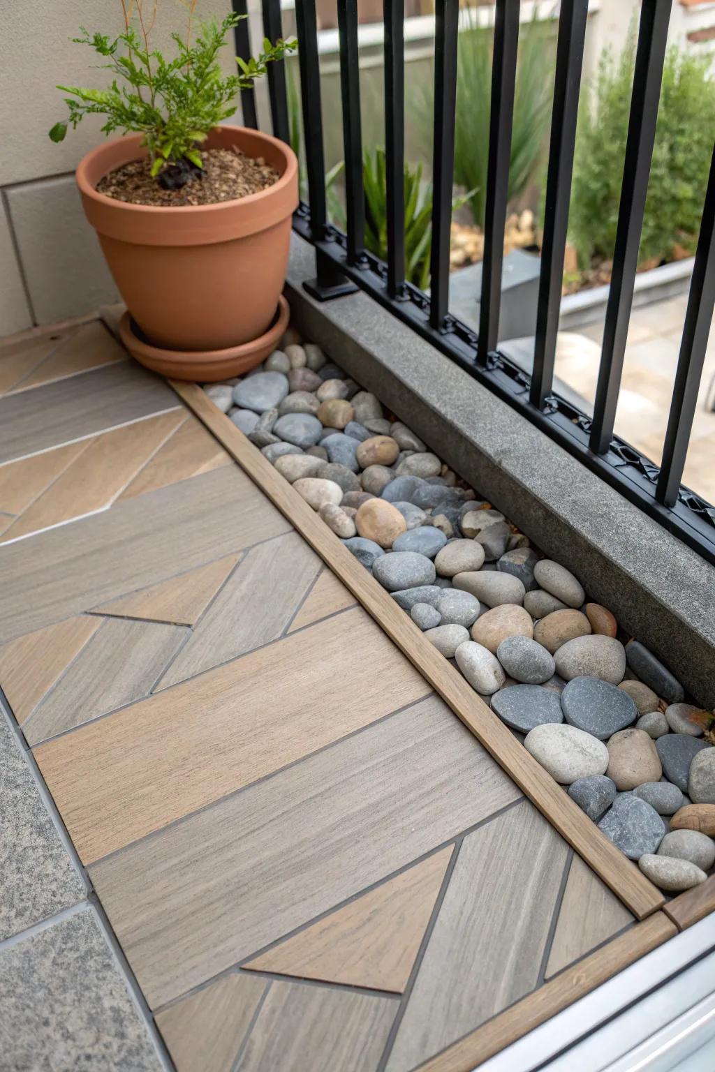 A river rock border frames your balcony floor—adds texture and catches water mess beautifully.
