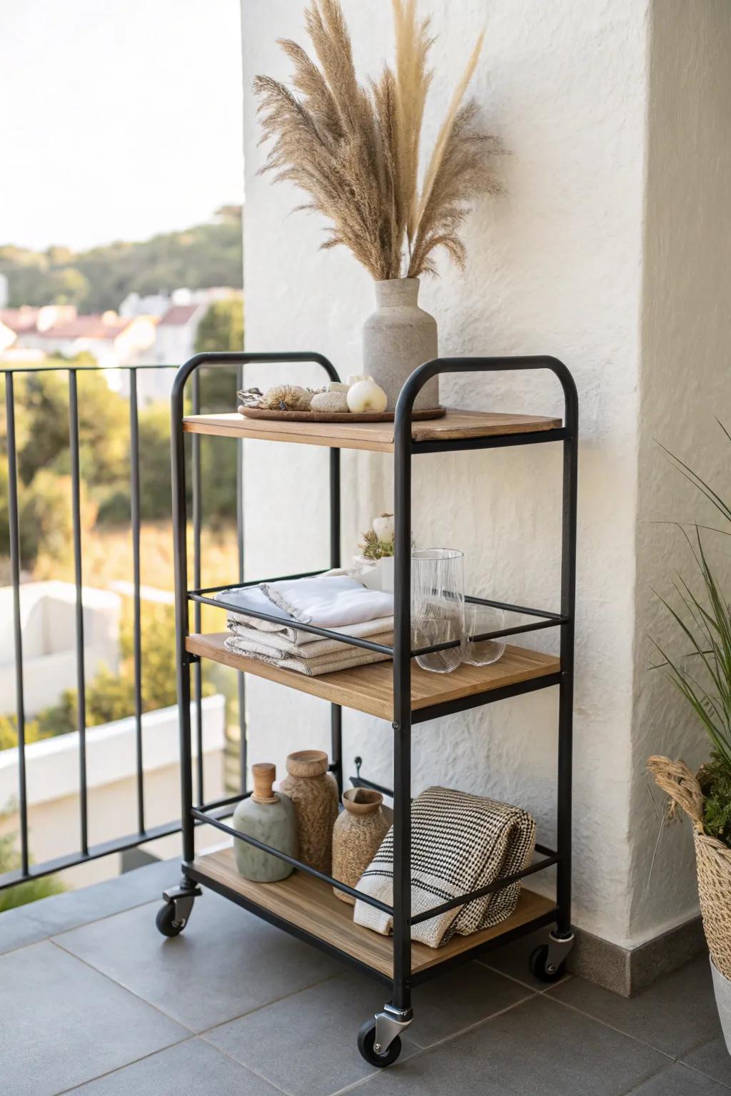 A rolling cart sideboard keeps a tiny balcony flexible—plant station by day, snack bar by night.