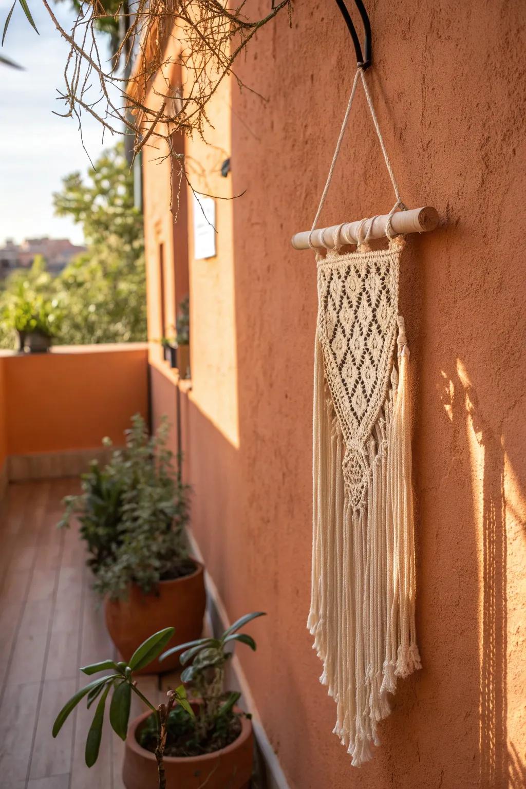 Macramé on textured walls adds instant boho warmth—no floor space needed for a cozy nook.