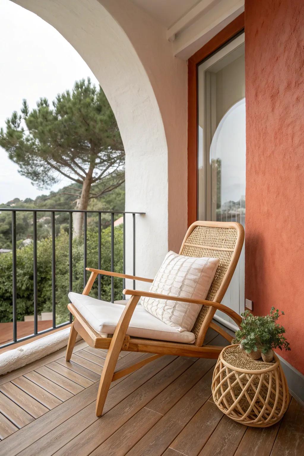 A painted arch behind one chair turns a tiny balcony corner into a cozy design nook.