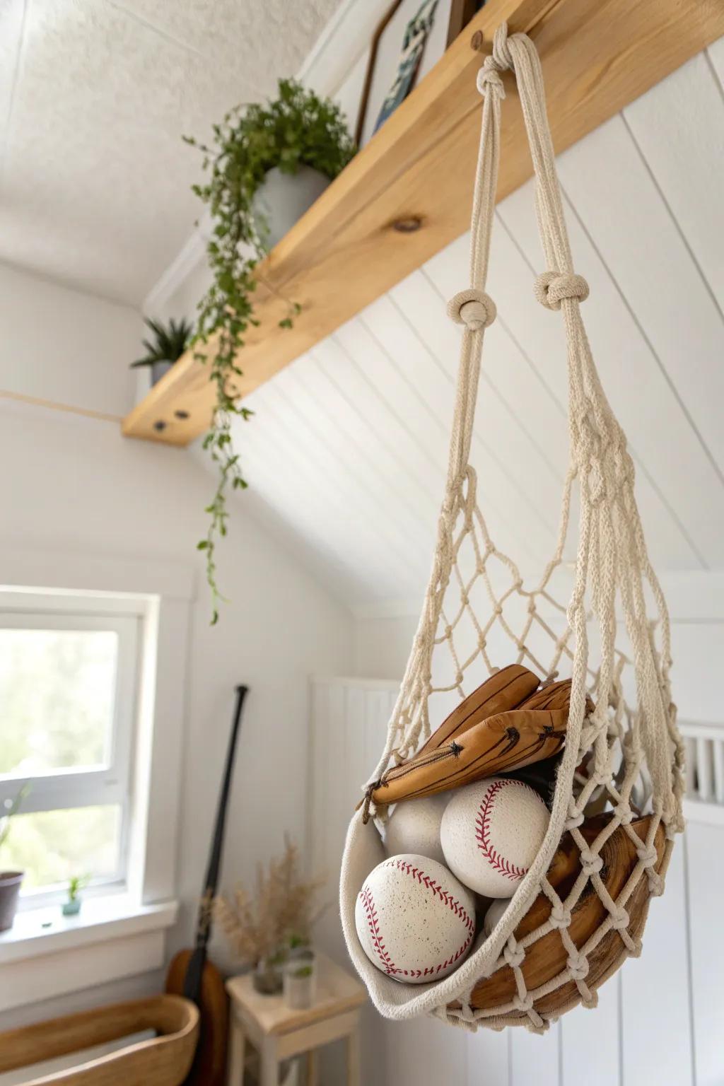 A floating ceiling net keeps baseballs and gloves off shelves—small-space storage with style.