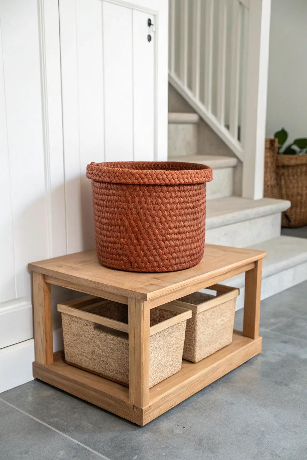 Raise one bin on a simple wooden riser—cleaner floors, safer storage in basement closets.