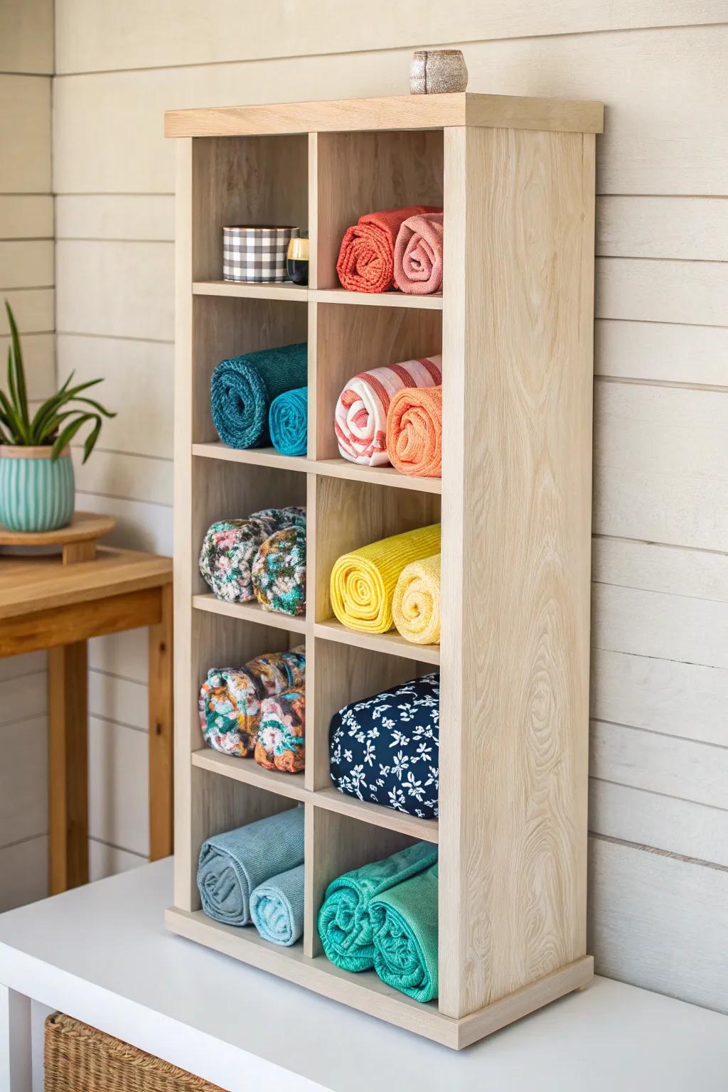 Roll suits into a slim cubby tower—bright, visible storage that fits in the tiniest shelf.