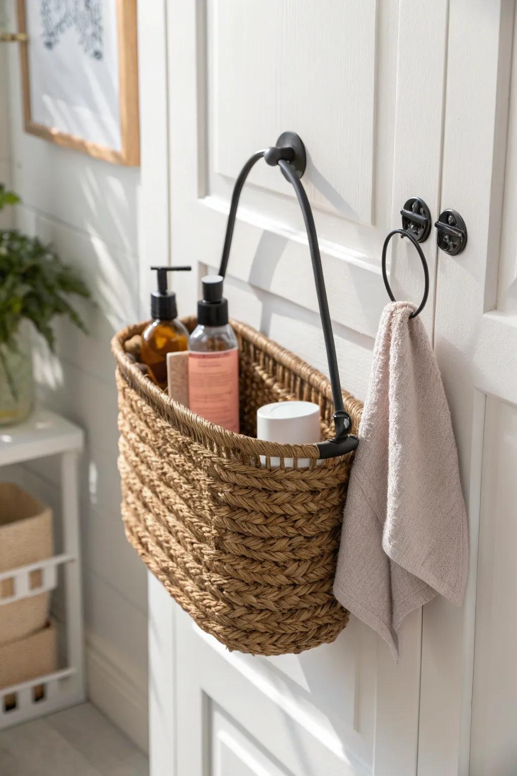 A slim door-hung basket caddy that hides hair essentials and keeps tiny bathrooms clear.