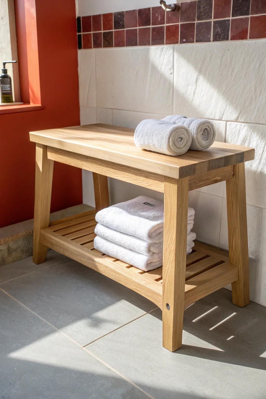 Two-tier bathroom bench: sit up top, stash towels below—small-space storage with style.