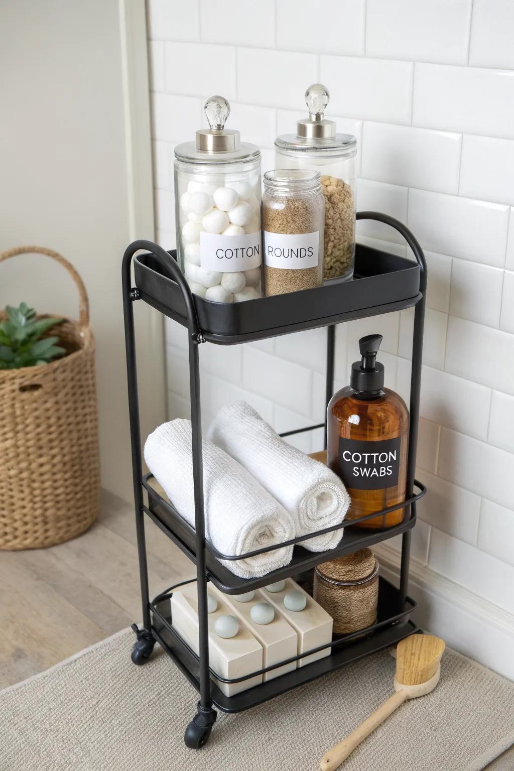 Turn a tiny bathroom into a spa: clear apothecary jars on a chic rolling cart.