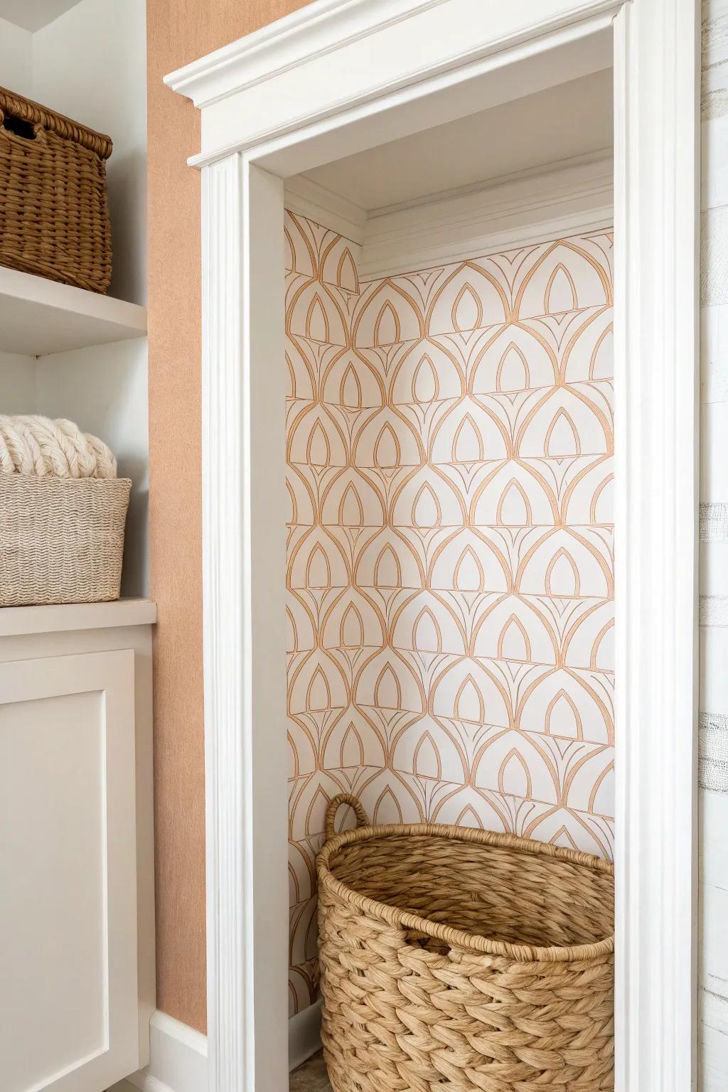 Peel-and-stick wallpaper turns a doorless bathroom closet into a stylish, intentional feature.