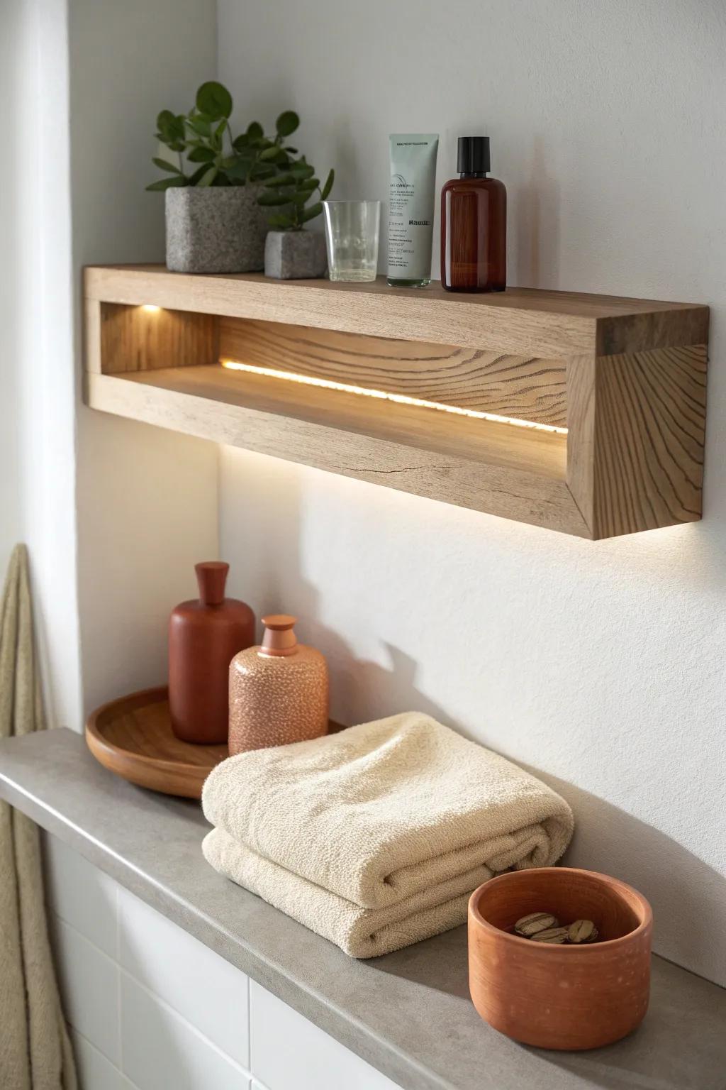 Motion-sensor shelf lighting: a small-space bathroom closet upgrade that feels luxe and stays tidy.