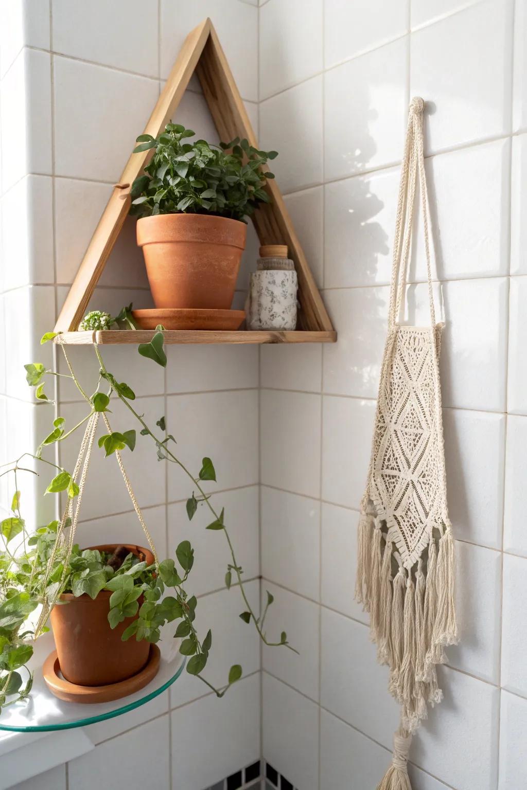 Turn a corner shelf into a chic plant perch—humidity-friendly greenery with zero clutter.