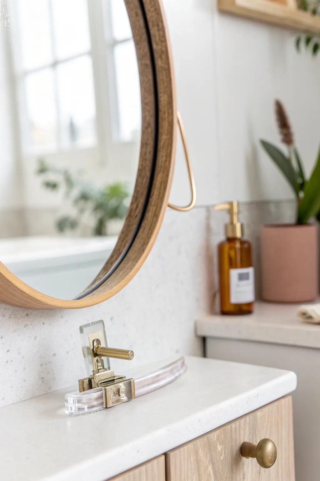 Tiny essentials, zero clutter: a sleek mirror clip keeps tweezers handy and counters clear.