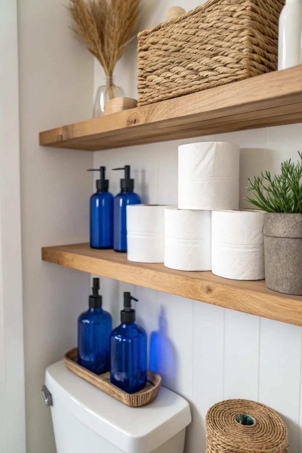 Use the ceiling zone: an extra-high floating shelf hides backups and keeps the bathroom serene.