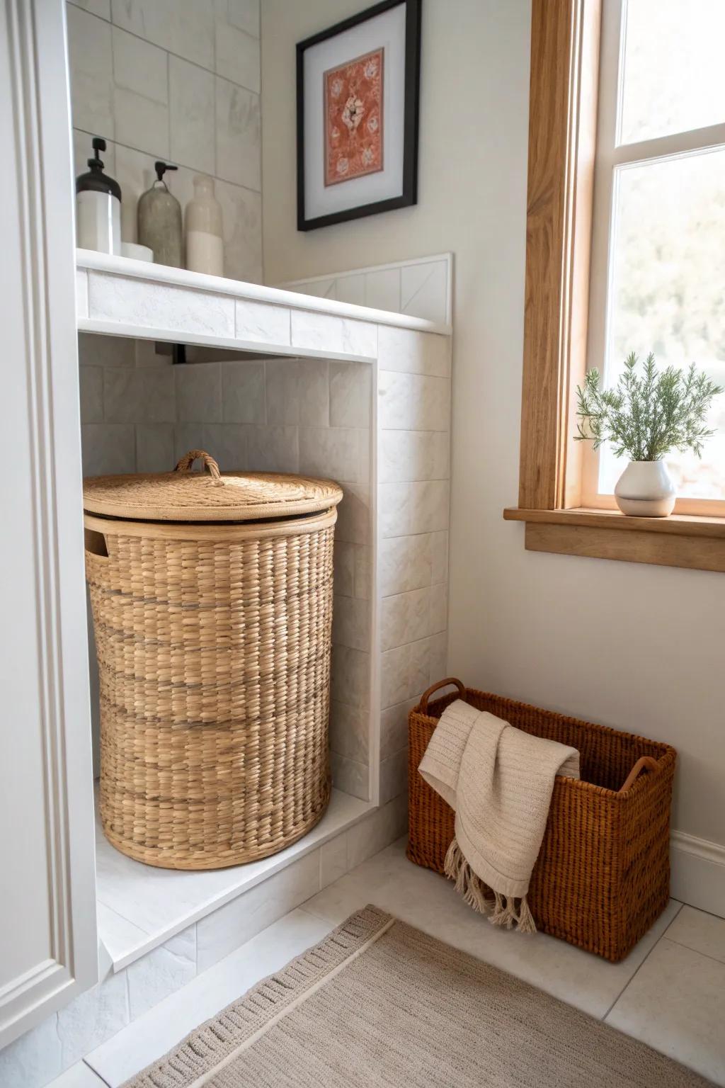 A recessed hamper nook hides laundry beautifully—minimal, warm, and perfect for tiny bathrooms.