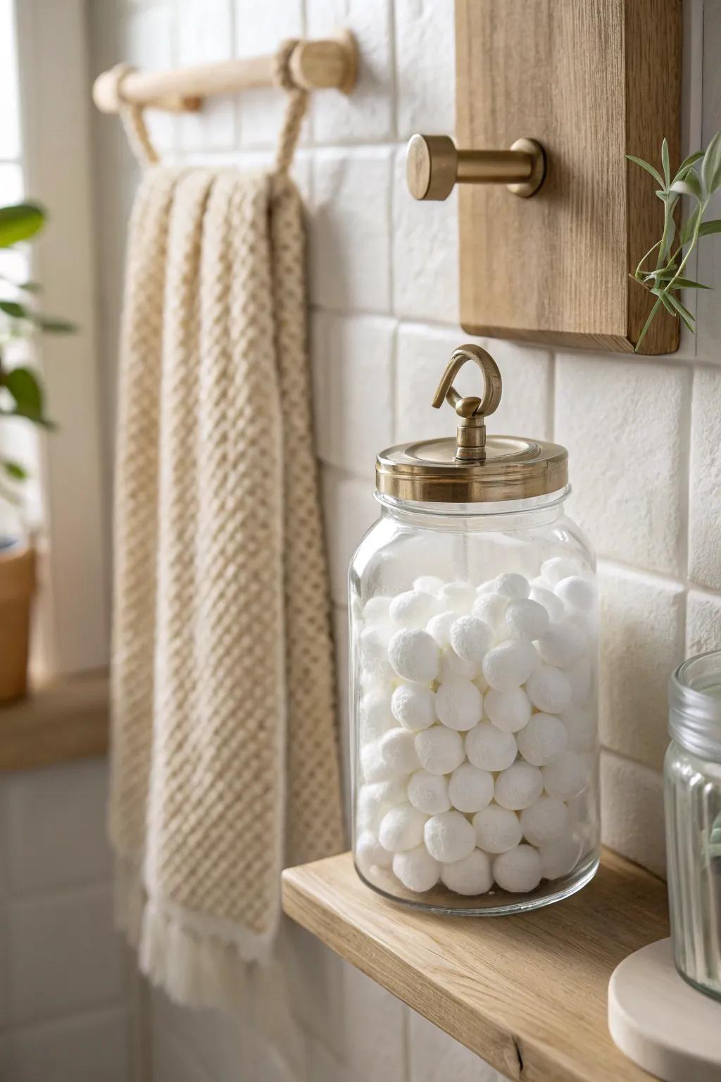 Wall-mounted glass jar storage: pretty, practical, and perfect for tiny bathrooms.