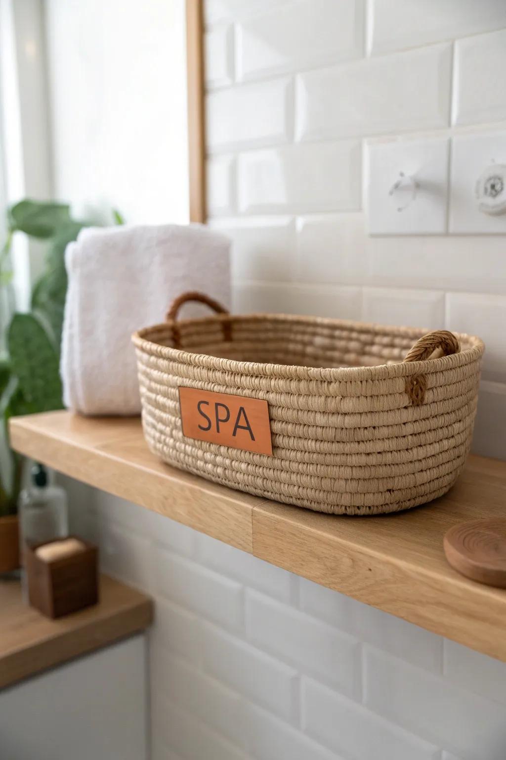 One shelf, one category: a labeled basket keeps your bathroom shelves styled and clutter-free.