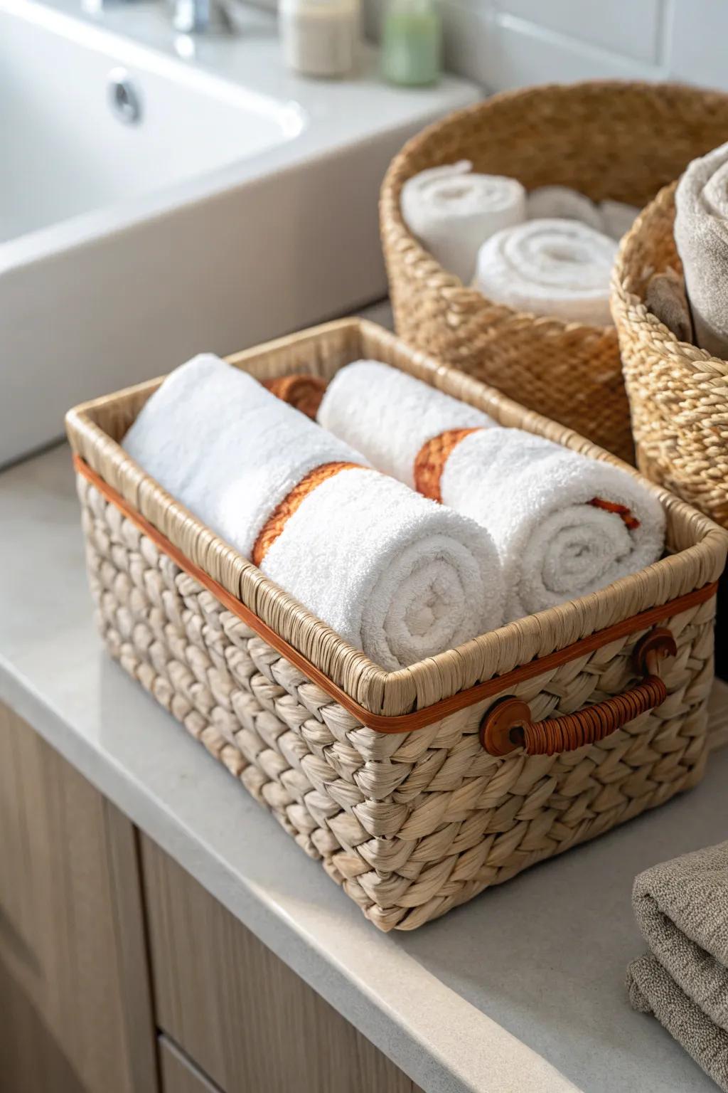 Stop the towel avalanche: a slim drawer basket keeps washcloths and face towels neatly rolled.