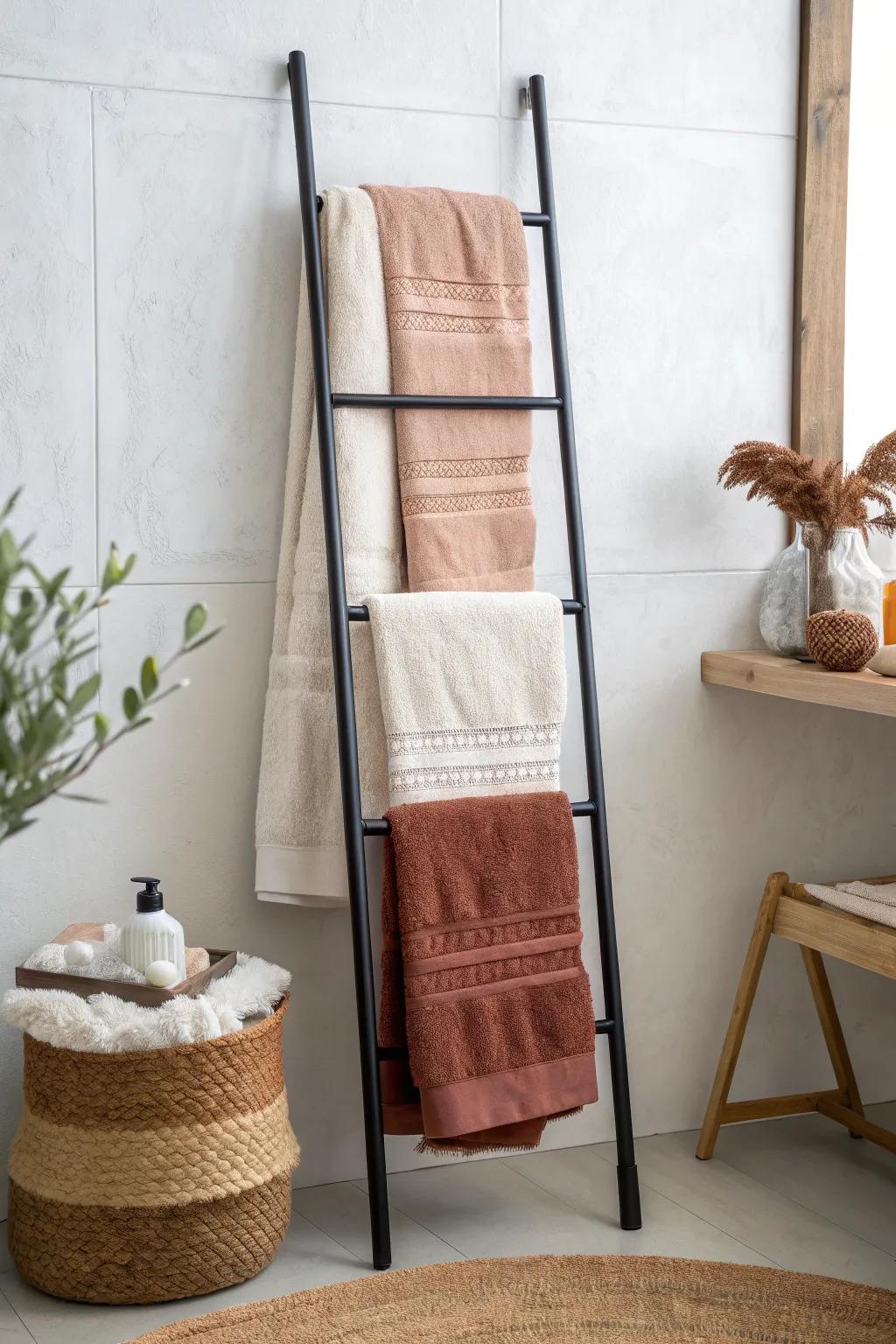 Tiered towel stack: bath, hand, and washcloth layered neatly on one bar—small-space chic.