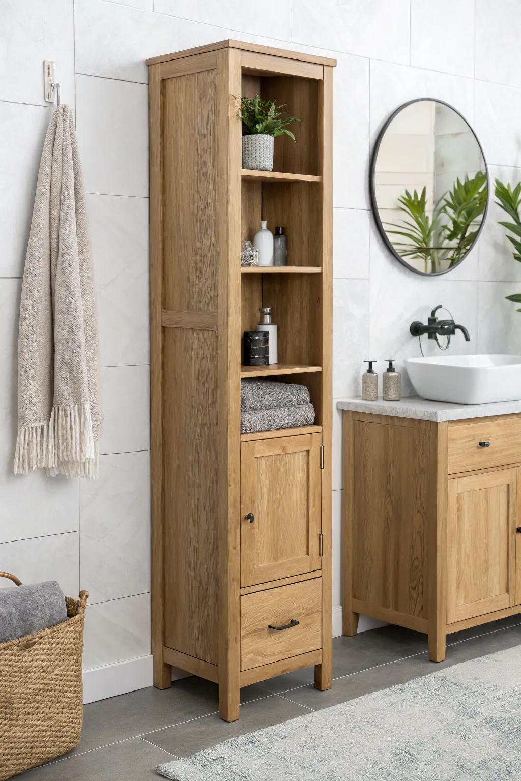 A sleek vanity tower with hidden outlets and a heat-safe hair-tool garage—cords vanish, counters stay clear.