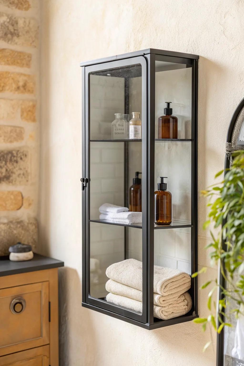 Slim metal-frame wall cabinet: airy storage that keeps your bathroom looking crisp and calm.