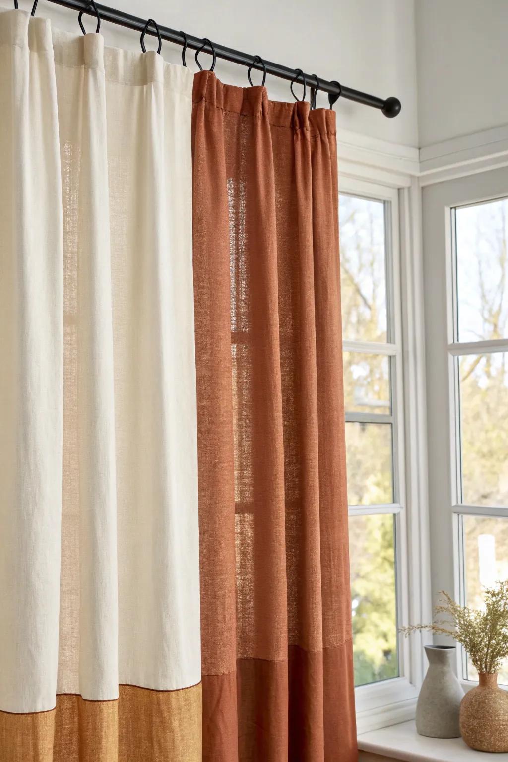 Two-tone bay window curtains: bright on top, grounded below for soft contrast and easy upkeep.