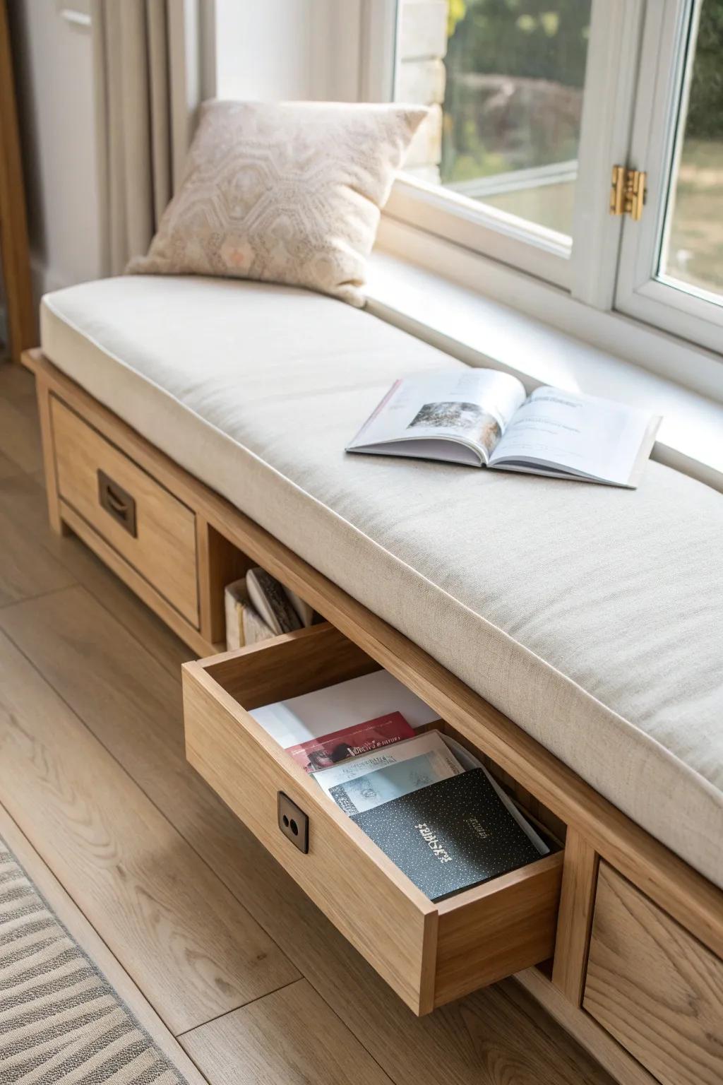 A hidden false-bottom bay window bench compartment to stash documents and small valuables.