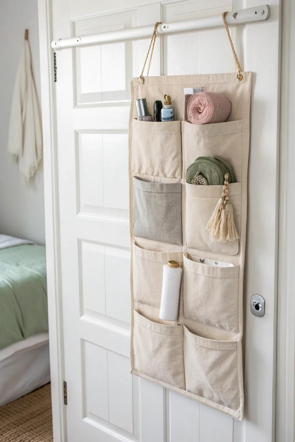 Over-the-door pockets keep pillowcases and sheets tidy—no extra furniture needed.