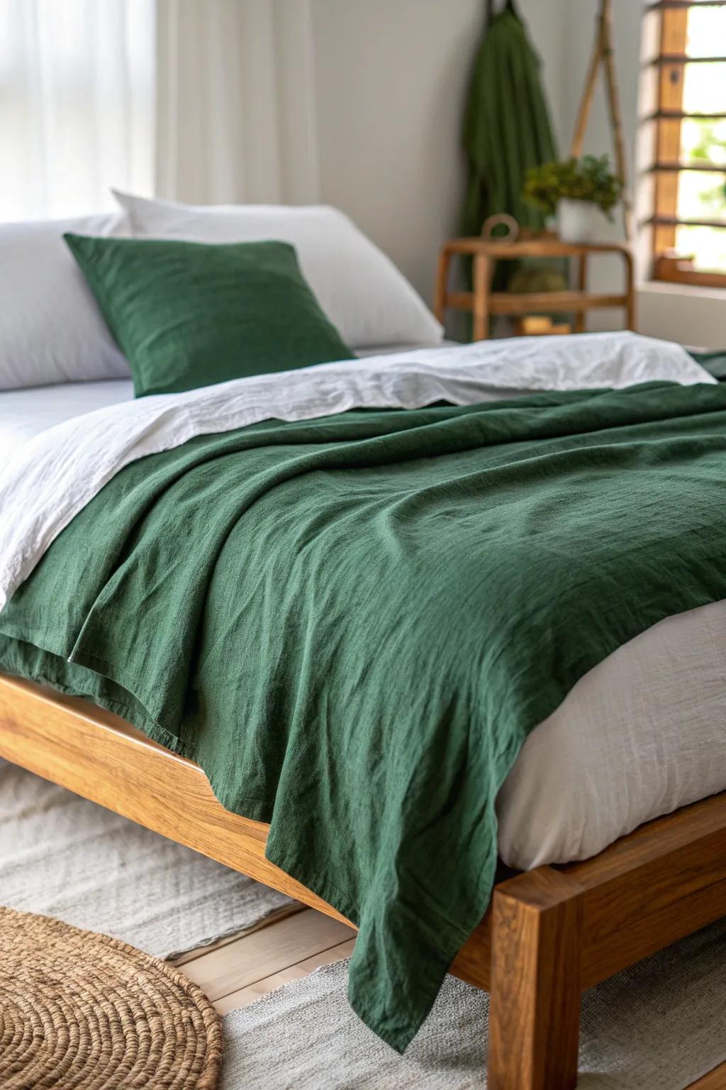 Forest green linen duvet adds cocoon-like calm—paired with crisp white sheets and warm oak.