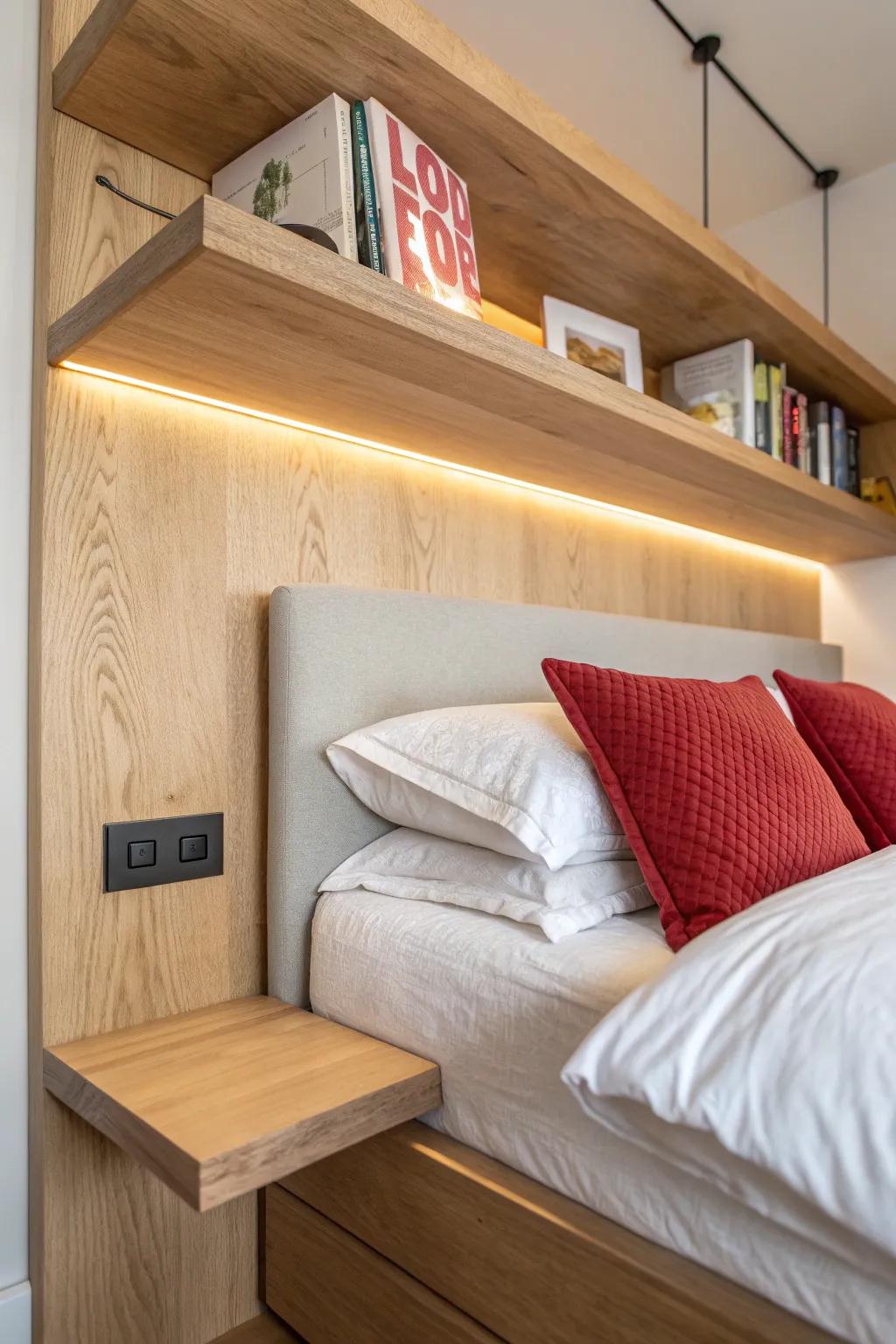 Wraparound corner shelf at headboard height—soft glow, zero clutter, perfect for small bedrooms.