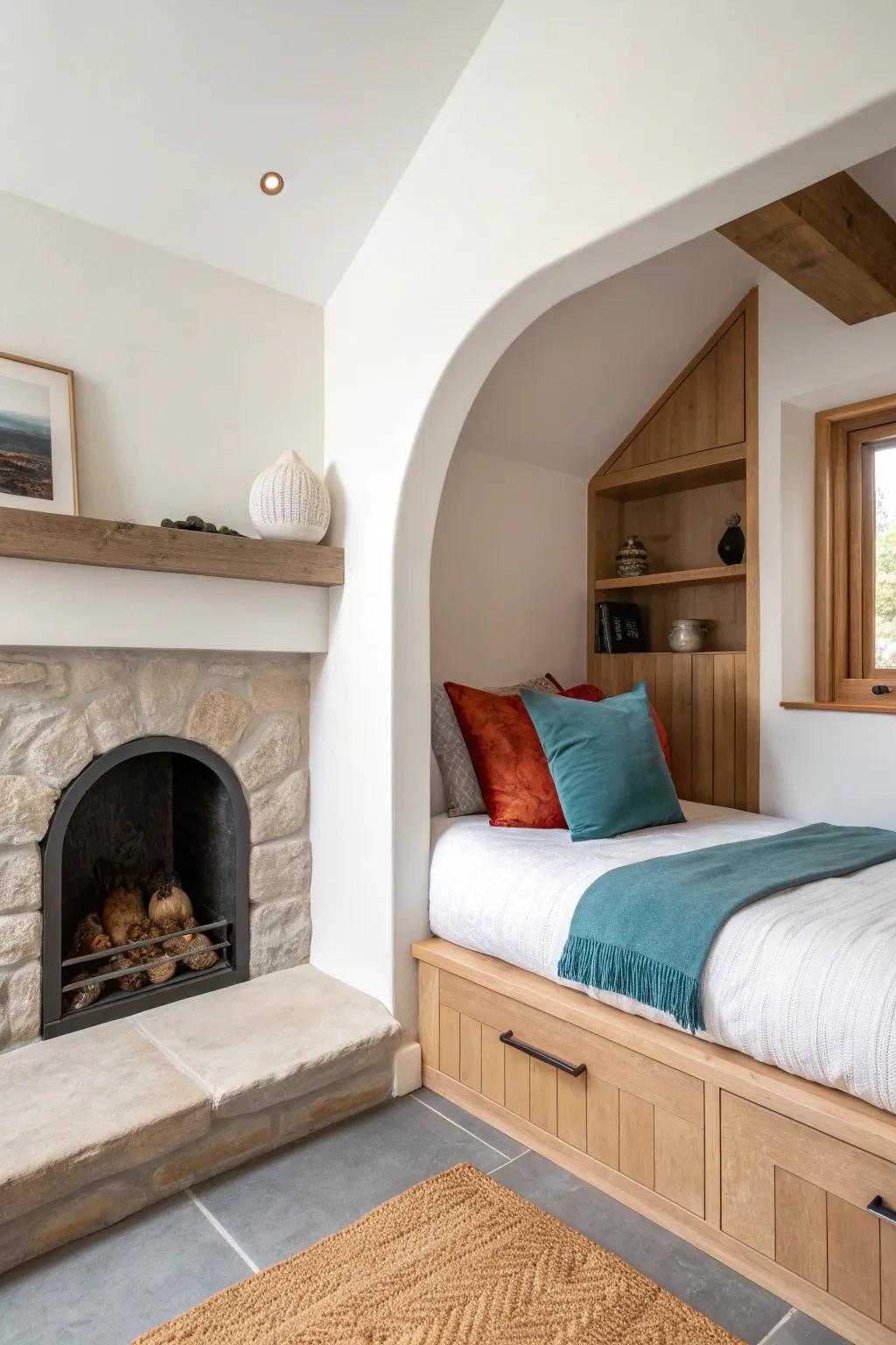 A fireplace-side cubby nook with layered linens and bold accents—minimal, warm, and snug.