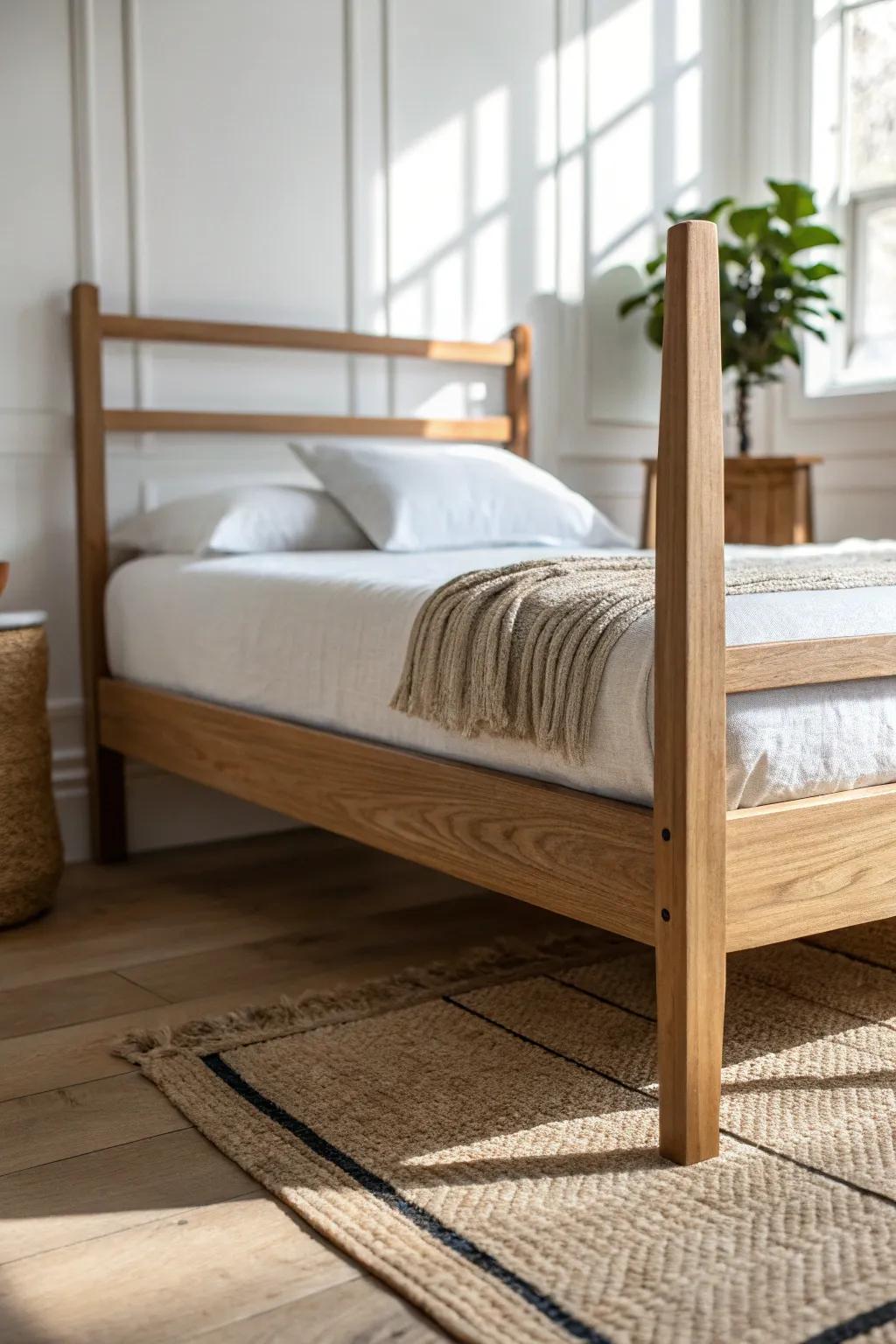 Turn your bedframe into a chic barre station—perfect for balance work in a tiny bedroom gym.