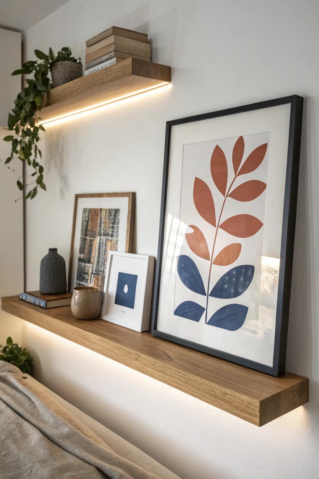 Turn a plain bedroom ledge into a luxe shadowbox with hidden warm backlighting behind art.