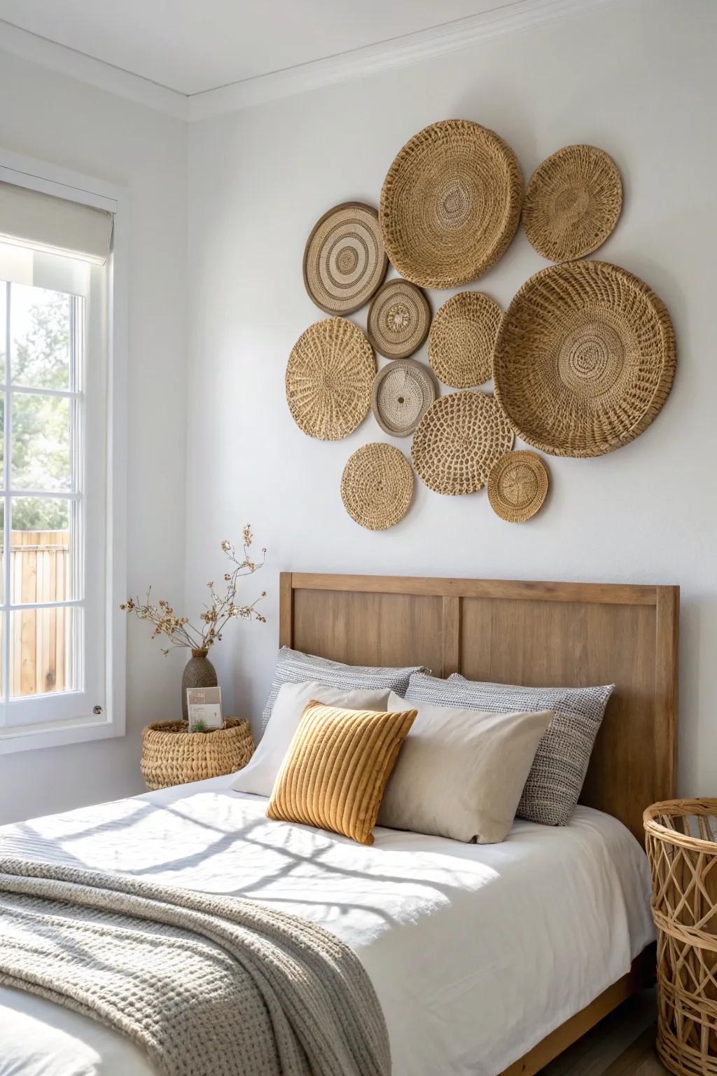 A cozy woven basket cluster above the bed—minimal, boho, and beautifully textured.