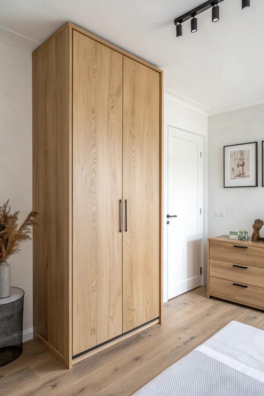 A floating wardrobe lifts the room—more light, more air, and instant visual breathing space.