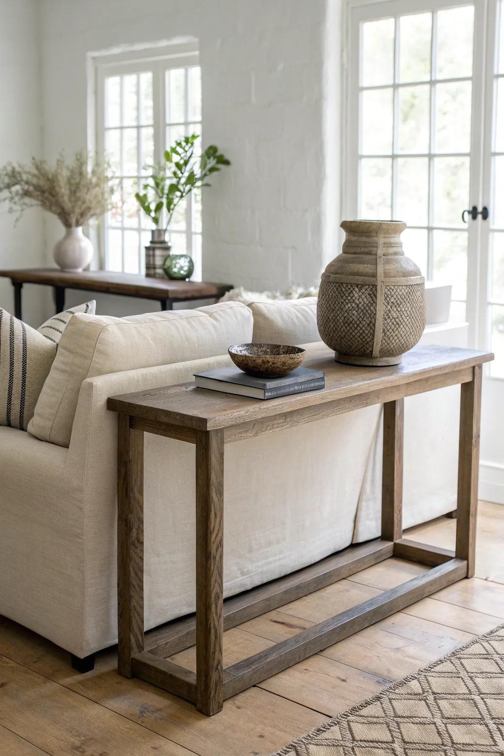 One long sculptural piece on a behind-the-couch table creates an instant conversation starter.