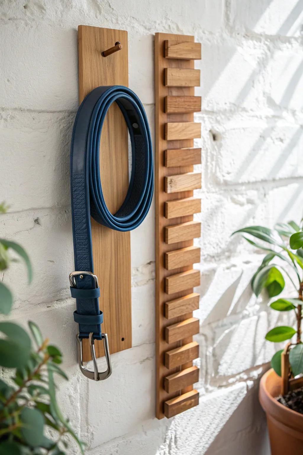 A clean oak strip with notches keeps belts separated—minimal, handcrafted, and tangle-free.
