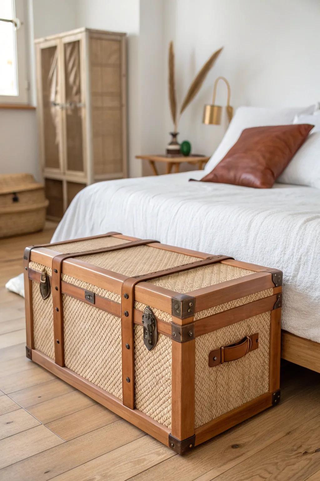 A chic dorm storage trunk that doubles as a bench—hide bulky essentials in style.