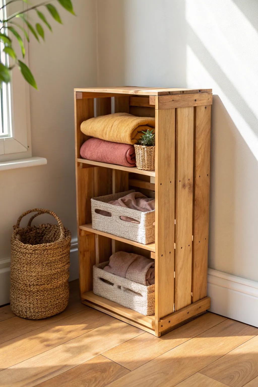 A single stackable wooden crate shelf—modular, budget-friendly toy storage for small corners.