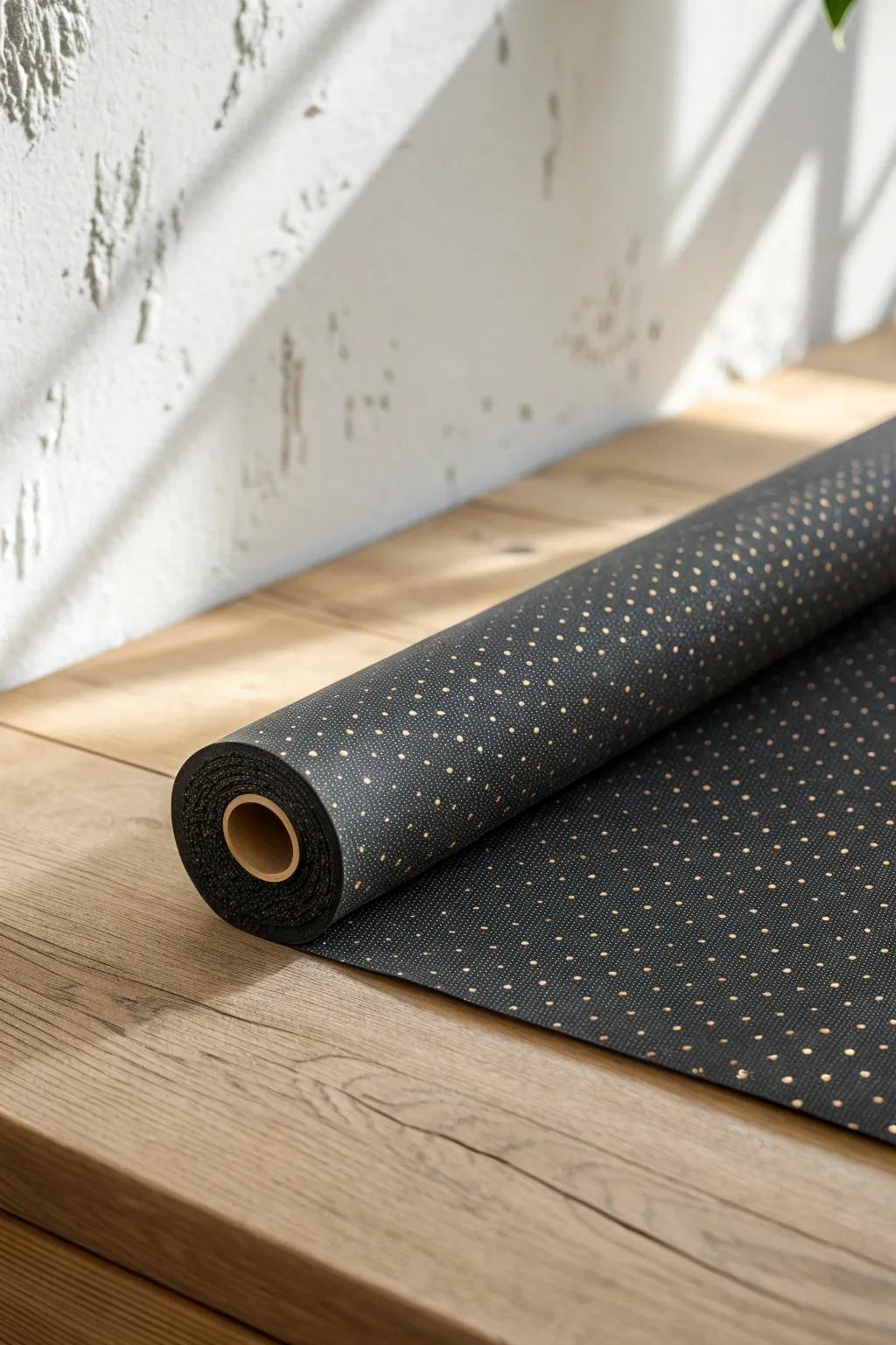 Tiny-pattern black wallpaper brings boutique-hotel depth to small bedrooms without feeling heavy.