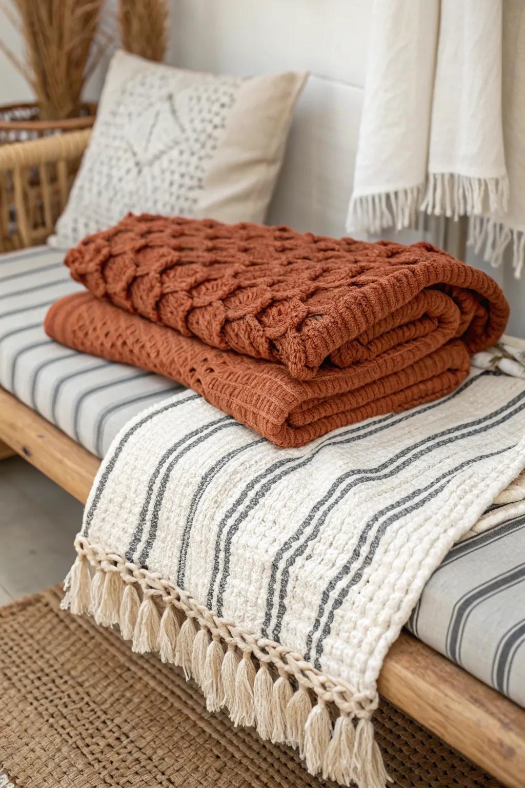 Layer chunky crochet with a light woven throw for instant boho depth on a daybed.