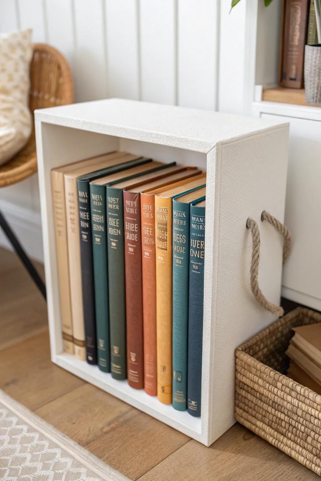 Ombré book spines from light to dark create instant art—and make small shelves feel bigger.