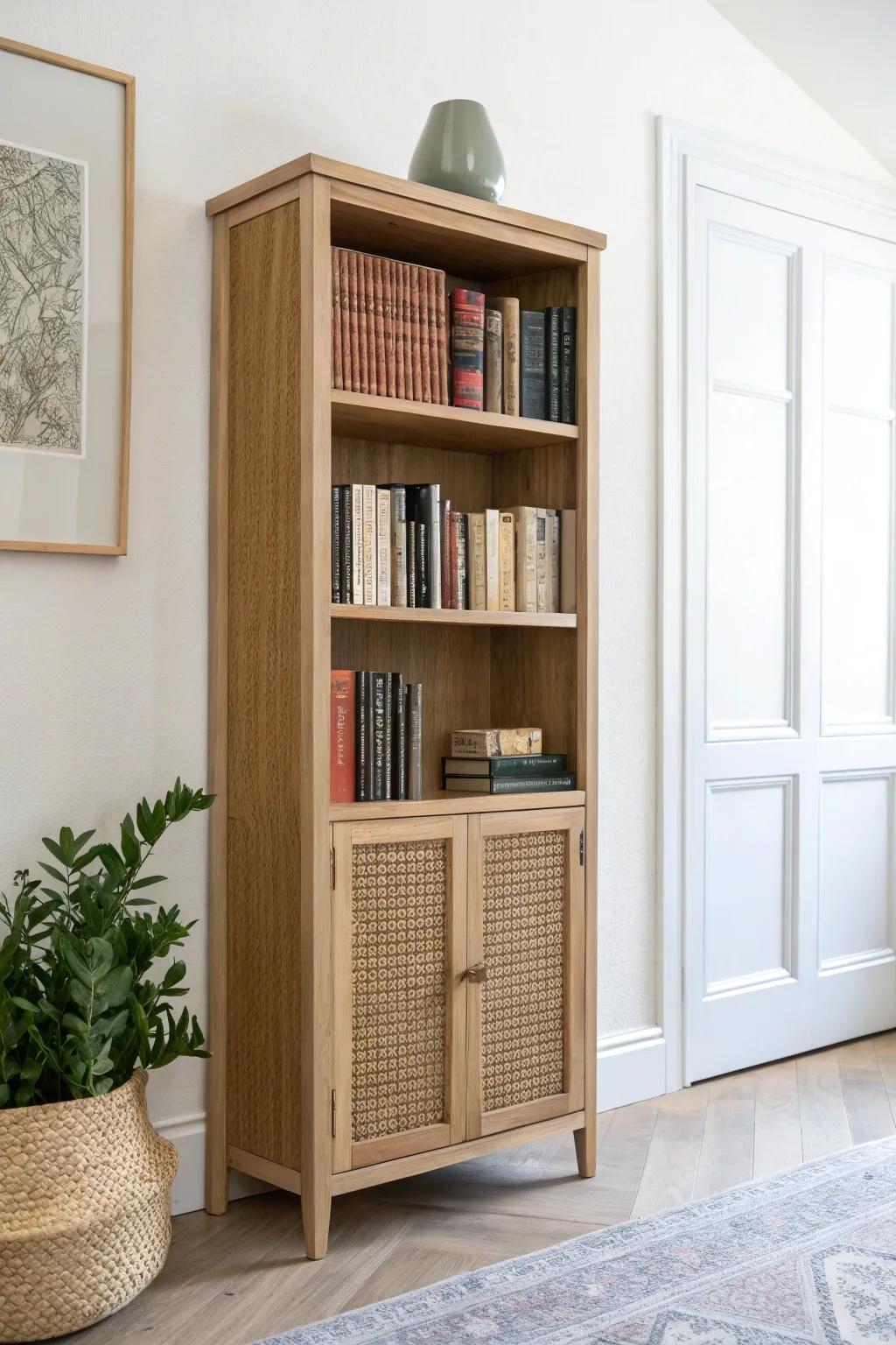 A slim, shallow bookcase turns a narrow hallway into a calm, curated mini library wall.